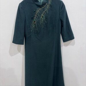 Chic Long Wool Sleeve Dress with Peacock Detail